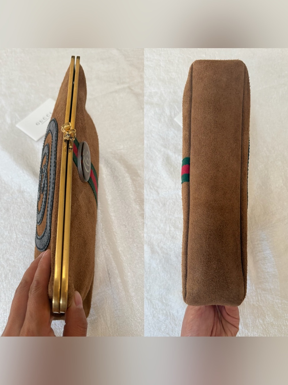 •••SOLD•••Auth Gucci Ophidia Kisslock Frame Clutch Suede Medium In Brown - Picture 10 of 17